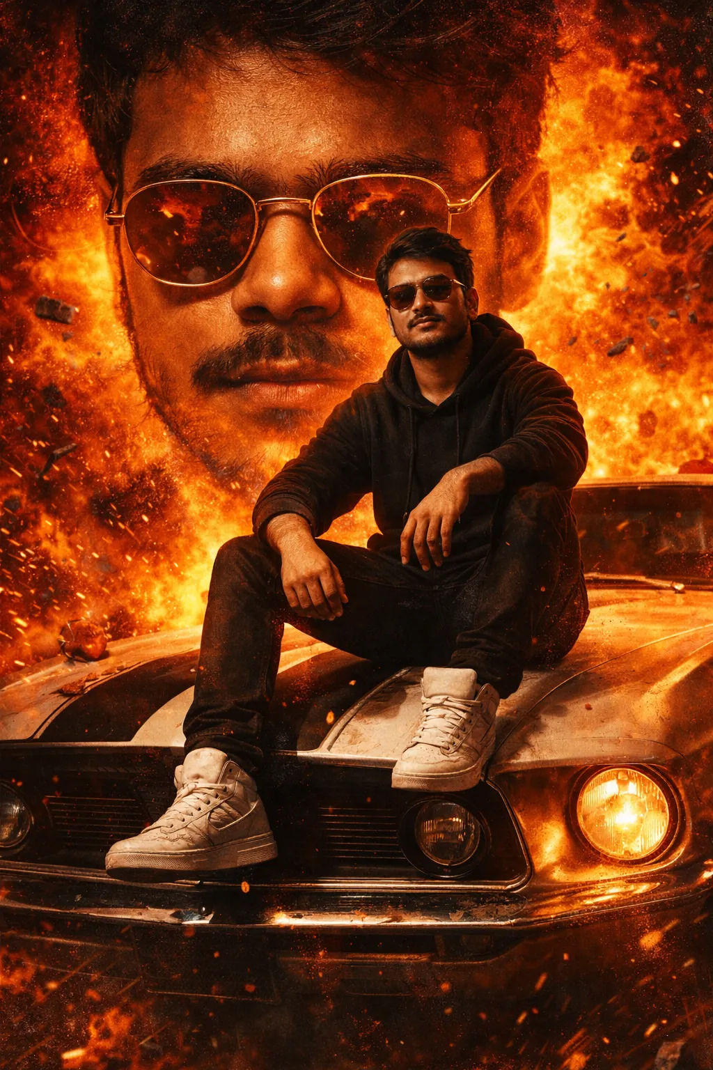 Action movie poster muscle car, fiery background cinematic portrait, blockbuster hero design, dramatic action scene